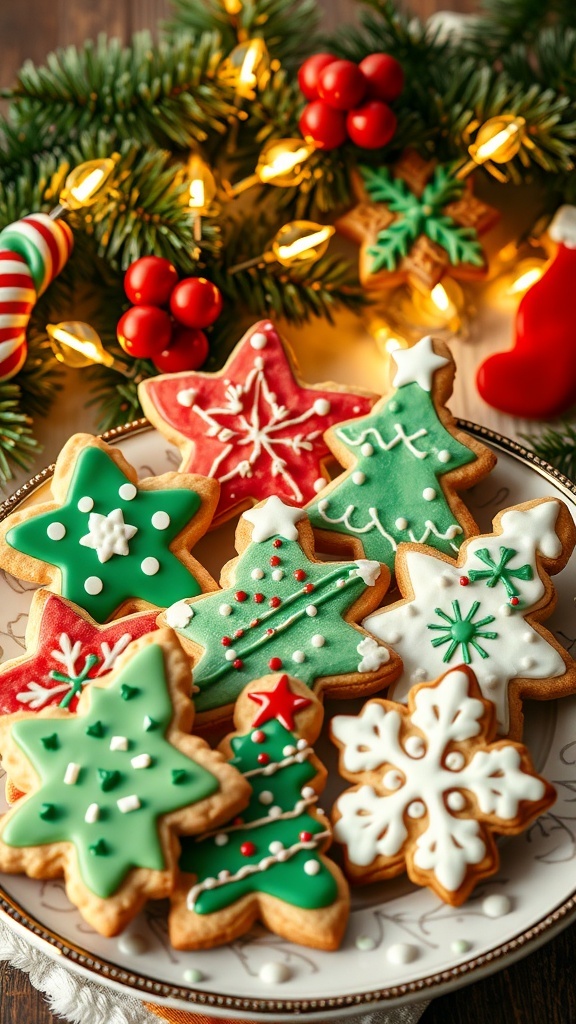 Decorated Christmas sugar cookies in festive shapes on a decorative plate with holiday decorations.
